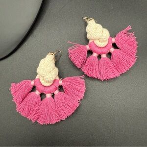 Macrame Handmade Pink Tassel and Off White Knot Dangle Earrings